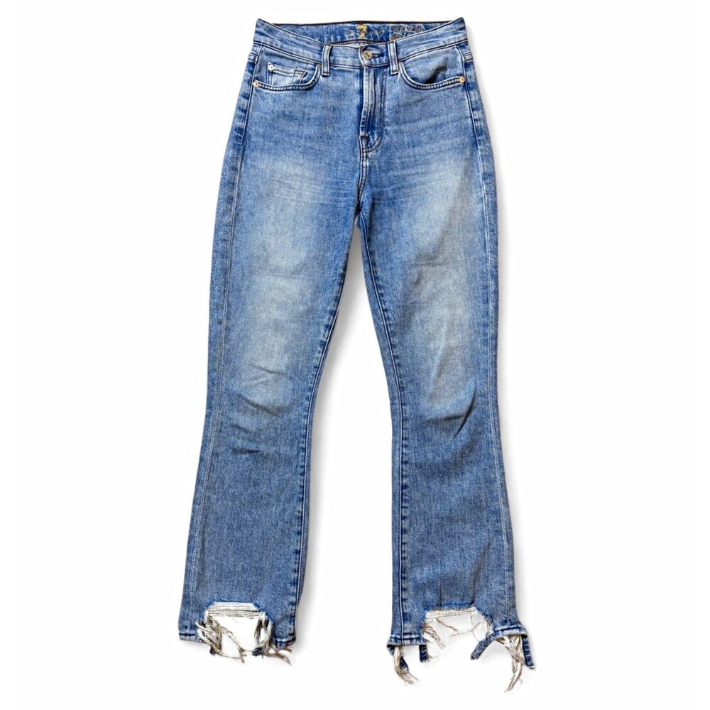 7 For All Mankind High Waist 100% Cotton Distressed Chewed Raw Hem Straight Jean